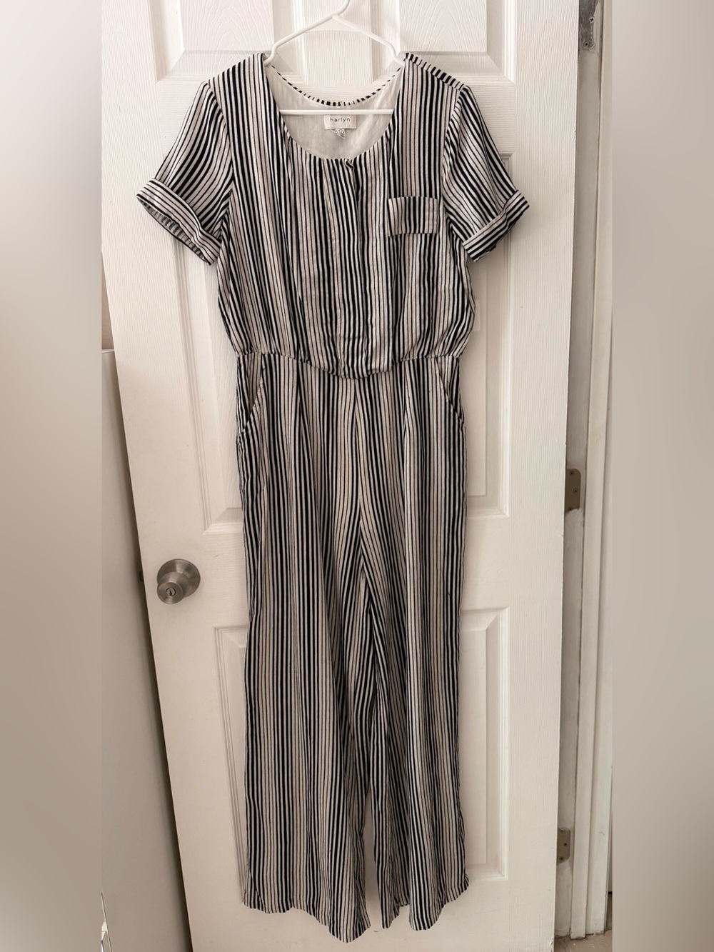 Anthropologie Harlyn Navy Striped
Wide Leg Jumpsuit Linen Cotton